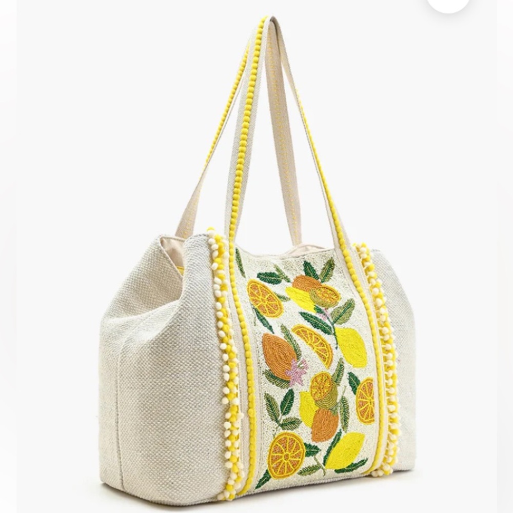 RARE Like new America & Beyond Lemon Hand Beaded beach Tote - Picture 2 of 16